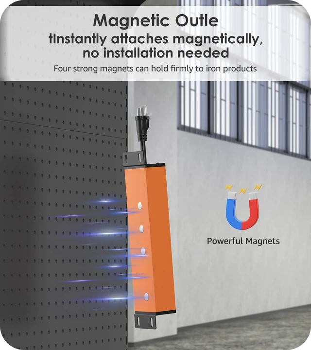 Alt view image 3 of 7 - Magnetic Heavy Duty Surge Protector, 12 Gauge, Orange, 25FT, 1 Individual Switches, Outdoor Extension Cord with Multiple Outlets, Wall Mount Plug Extender, Grounding, Garage Power Strip
