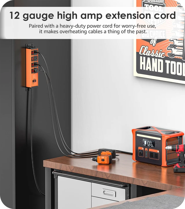 Alt view image 5 of 7 - Magnetic Heavy Duty Surge Protector, 12 Gauge, Orange, 25FT, 1 Individual Switches, Outdoor Extension Cord with Multiple Outlets, Wall Mount Plug Extender, Grounding, Garage Power Strip