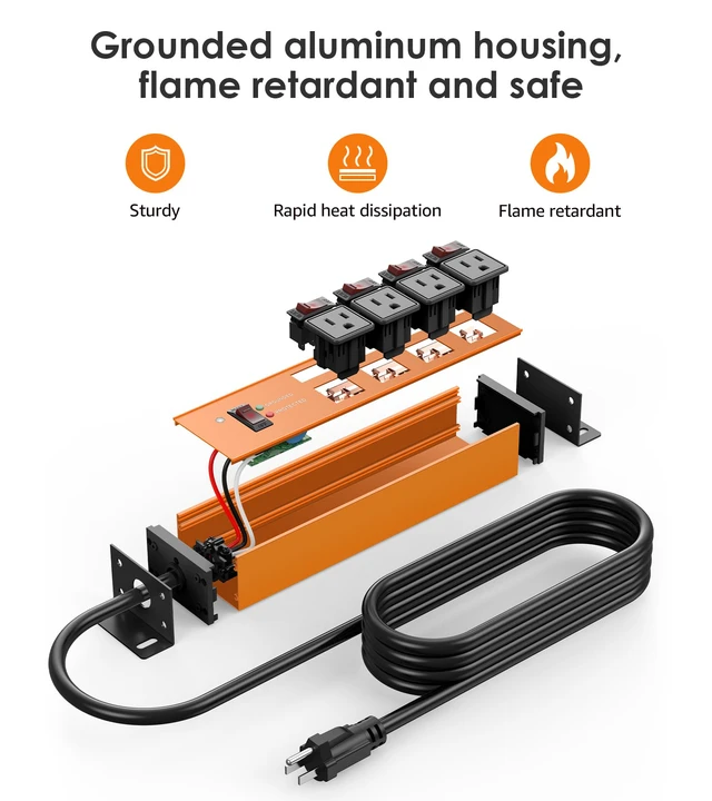 Alt view image 6 of 7 - Magnetic Heavy Duty Surge Protector, 12 Gauge, Orange, 25FT, 1 Individual Switches, Outdoor Extension Cord with Multiple Outlets, Wall Mount Plug Extender, Grounding, Garage Power Strip