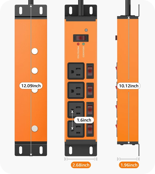 Alt view image 7 of 7 - Magnetic Heavy Duty Surge Protector, 12 Gauge, Orange, 25FT, 1 Individual Switches, Outdoor Extension Cord with Multiple Outlets, Wall Mount Plug Extender, Grounding, Garage Power Strip