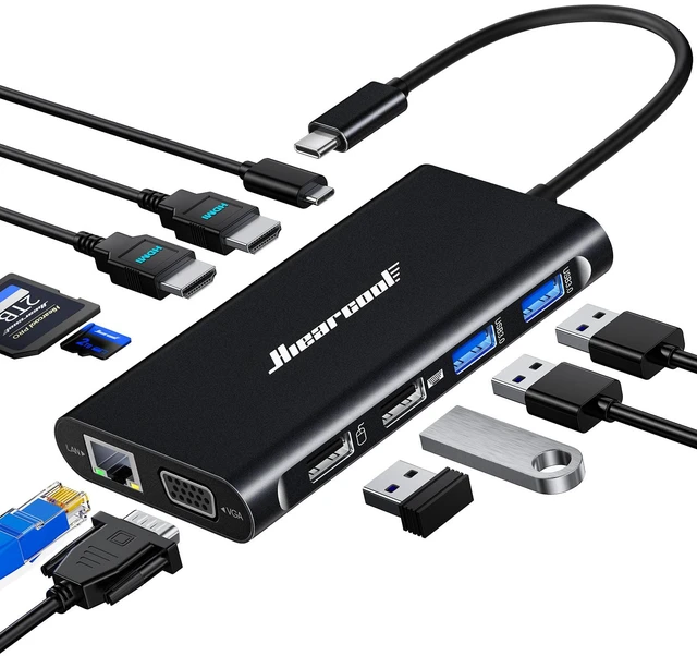 Main image of USB C Docking Station, 11-in-1 Dock, HDMI, VGA, Ethernet, Black Triple display via 2 HDMI and VGA; plug-and-play, 100W PD, USB and SD/TF; compatible for HP, Dell and Lenovo USB C laptops