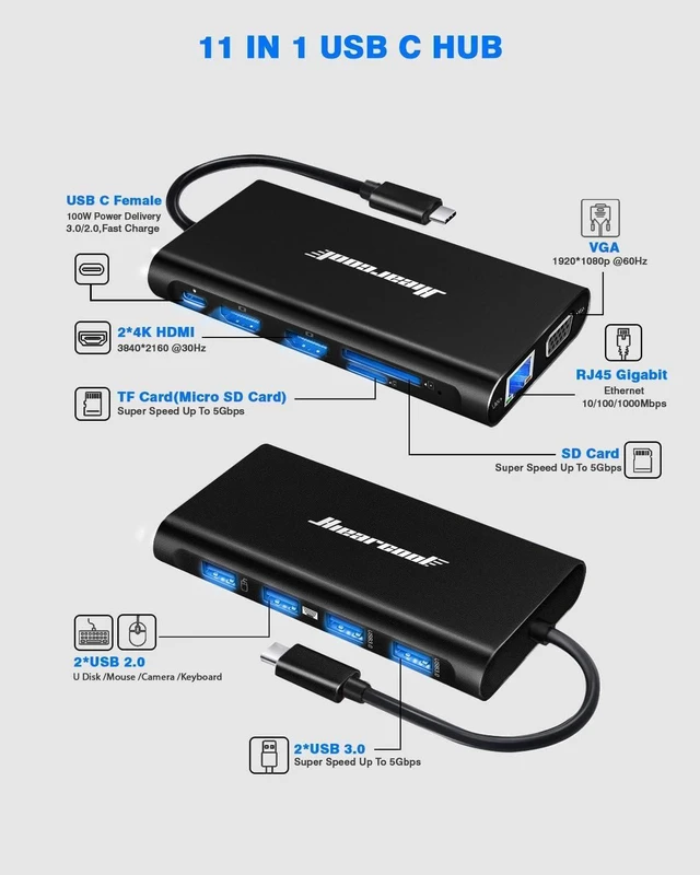 Alt view image 2 of 7 - USB C Docking Station, 11-in-1 Dock, HDMI, VGA, Ethernet, Black Triple display via 2 HDMI and VGA; plug-and-play, 100W PD, USB and SD/TF; compatible for HP, Dell and Lenovo USB C laptops