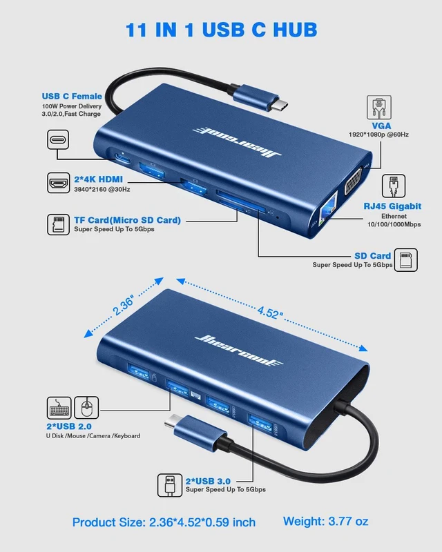 Alt view image 2 of 7 - USB C Docking Station, 11-in-1 Dock, HDMI, VGA, Ethernet, Blue Triple display via 2 HDMI and VGA; plug-and-play, 100W PD, USB and SD/TF; compatible for HP, Dell and Lenovo USB C laptops