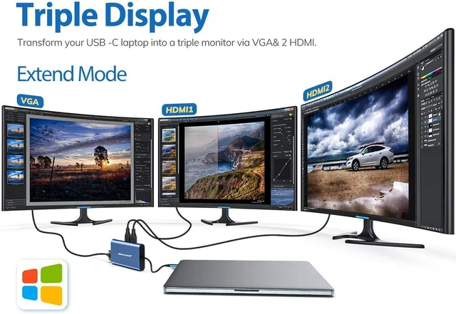 Alt view image 3 of 7 - USB C Docking Station, 11-in-1 Dock, HDMI, VGA, Ethernet, Blue Triple display via 2 HDMI and VGA; plug-and-play, 100W PD, USB and SD/TF; compatible for HP, Dell and Lenovo USB C laptops