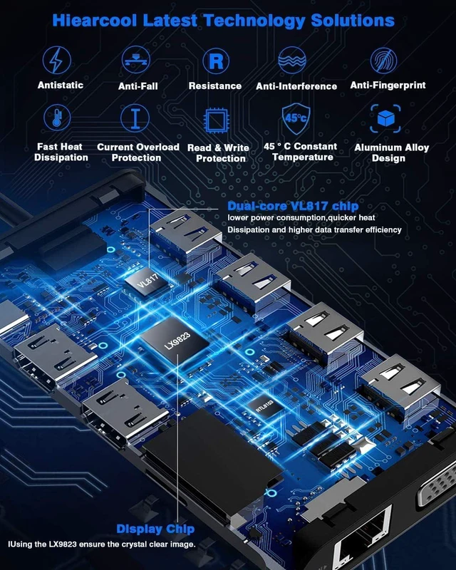 Alt view image 6 of 7 - USB C Docking Station, 11-in-1 Dock, HDMI, VGA, Ethernet, Blue Triple display via 2 HDMI and VGA; plug-and-play, 100W PD, USB and SD/TF; compatible for HP, Dell and Lenovo USB C laptops