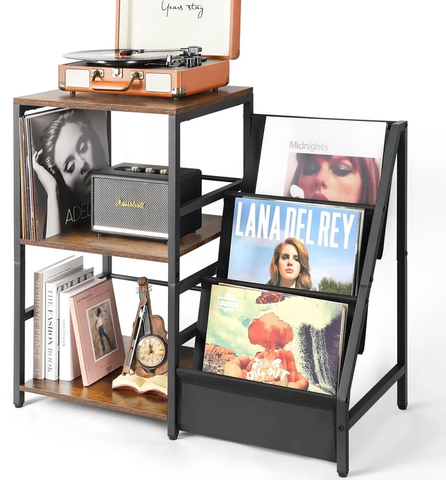 Main image of Record Player Stand, Turntable Stand with 3-Tier Vinyl Record Storage, Record Player Table Holds Up to 200 Albums, End Table for Vinyl Records, Vinyl Record Holder Cabinet for Living Room