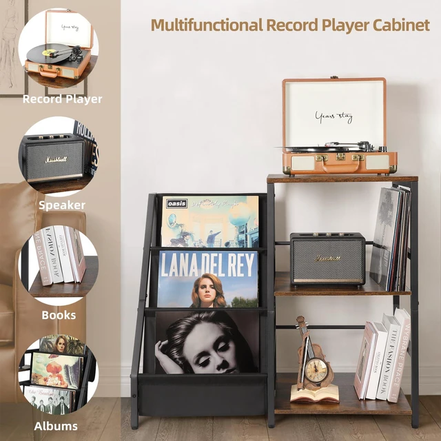 Alt view image 2 of 7 - Record Player Stand, Turntable Stand with 3-Tier Vinyl Record Storage, Record Player Table Holds Up to 200 Albums, End Table for Vinyl Records, Vinyl Record Holder Cabinet for Living Room