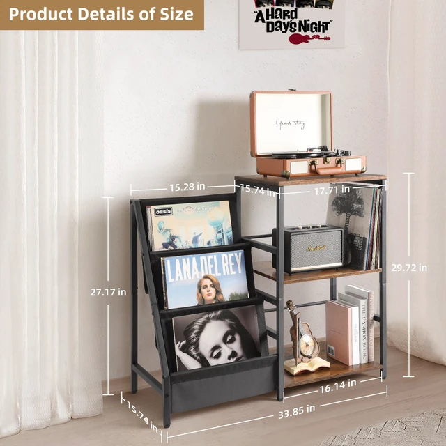 Alt view image 5 of 7 - Record Player Stand, Turntable Stand with 3-Tier Vinyl Record Storage, Record Player Table Holds Up to 200 Albums, End Table for Vinyl Records, Vinyl Record Holder Cabinet for Living Room