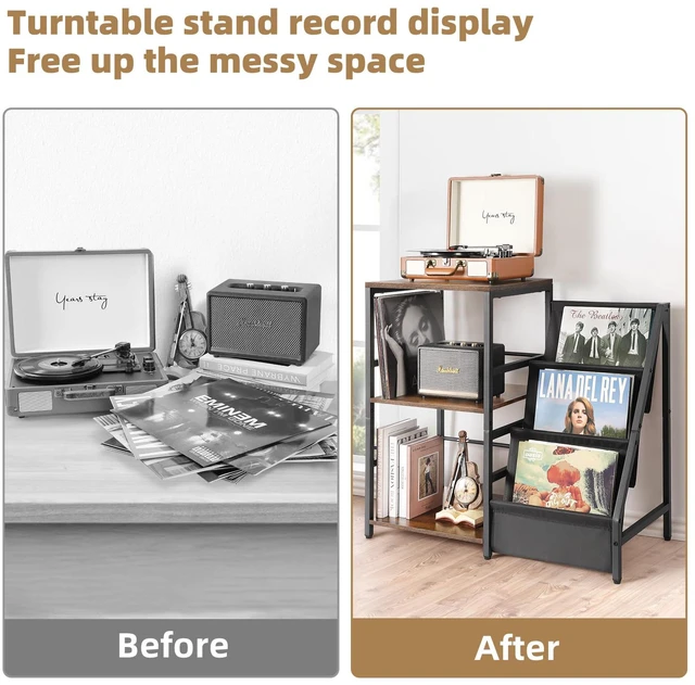 Alt view image 6 of 7 - Record Player Stand, Turntable Stand with 3-Tier Vinyl Record Storage, Record Player Table Holds Up to 200 Albums, End Table for Vinyl Records, Vinyl Record Holder Cabinet for Living Room