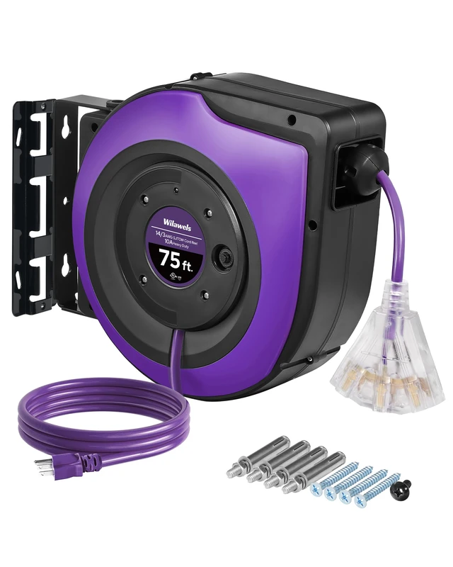 Main image of Extension Cord Reel, 75 FT Retractable Extension Cord Reel, 14AWG/3C SJTOW, Lighted Triple, 10A Circuit Breaker, Wall/Ceiling Mounted, Heavy Duty Power Cord, UL Listed, Purple P75CR06
