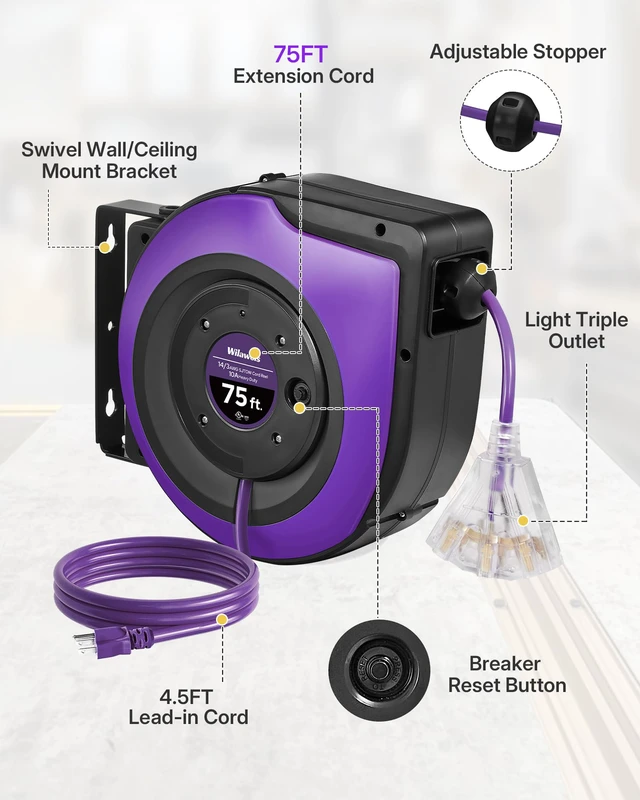 Alt view image 2 of 7 - Extension Cord Reel, 75 FT Retractable Extension Cord Reel, 14AWG/3C SJTOW, Lighted Triple, 10A Circuit Breaker, Wall/Ceiling Mounted, Heavy Duty Power Cord, UL Listed, Purple P75CR06