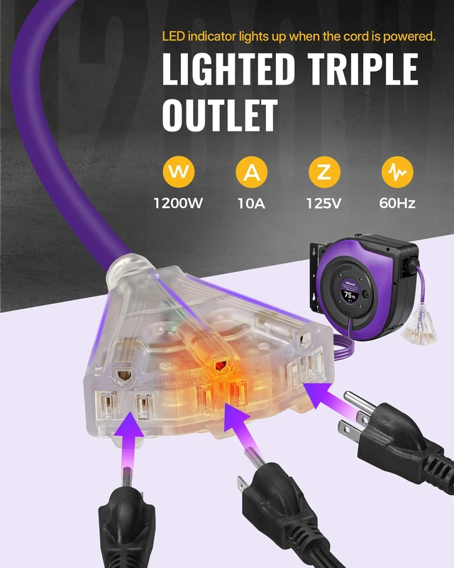 Alt view image 3 of 7 - Extension Cord Reel, 75 FT Retractable Extension Cord Reel, 14AWG/3C SJTOW, Lighted Triple, 10A Circuit Breaker, Wall/Ceiling Mounted, Heavy Duty Power Cord, UL Listed, Purple P75CR06