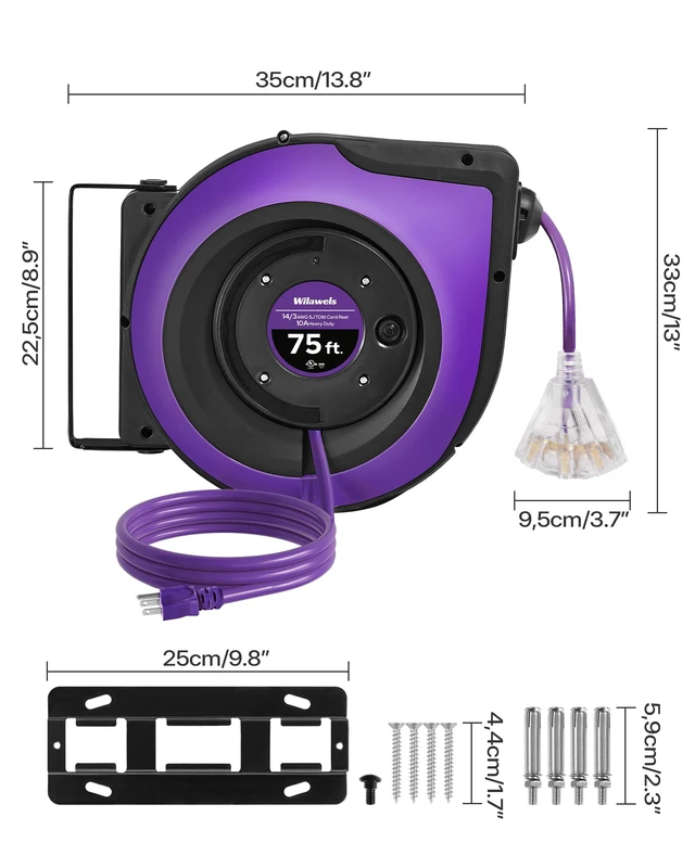 Alt view image 4 of 7 - Extension Cord Reel, 75 FT Retractable Extension Cord Reel, 14AWG/3C SJTOW, Lighted Triple, 10A Circuit Breaker, Wall/Ceiling Mounted, Heavy Duty Power Cord, UL Listed, Purple P75CR06