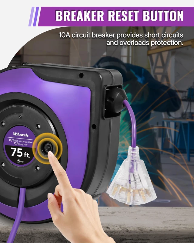 Alt view image 5 of 7 - Extension Cord Reel, 75 FT Retractable Extension Cord Reel, 14AWG/3C SJTOW, Lighted Triple, 10A Circuit Breaker, Wall/Ceiling Mounted, Heavy Duty Power Cord, UL Listed, Purple P75CR06