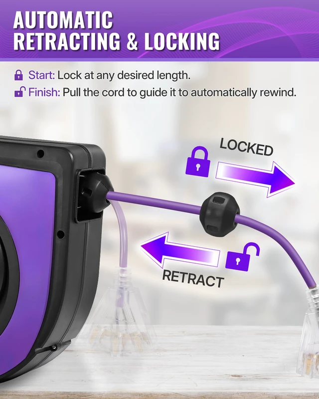 Alt view image 6 of 7 - Extension Cord Reel, 75 FT Retractable Extension Cord Reel, 14AWG/3C SJTOW, Lighted Triple, 10A Circuit Breaker, Wall/Ceiling Mounted, Heavy Duty Power Cord, UL Listed, Purple P75CR06