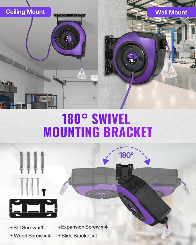 Alt view image 7 of 7 - Extension Cord Reel, 75 FT Retractable Extension Cord Reel, 14AWG/3C SJTOW, Lighted Triple, 10A Circuit Breaker, Wall/Ceiling Mounted, Heavy Duty Power Cord, UL Listed, Purple P75CR06