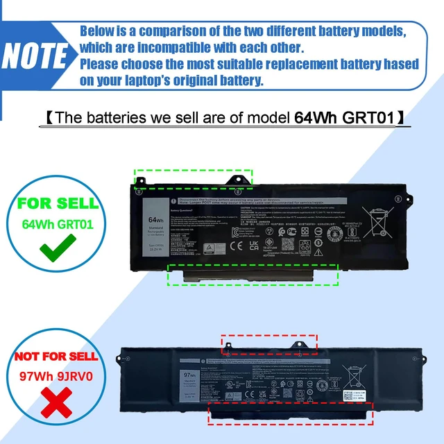 Alt view image 2 of 7 - GRT01 64Wh Laptop Battery Replacement for Dell Latitude 14 5421 5431 15 5521 5531 Precision 3470 3561 3571 Alienware m17 R5 AMD Series R05P0 00P3TJ 0P3TJ VXD57 05RGW 15.2V 4-Cell