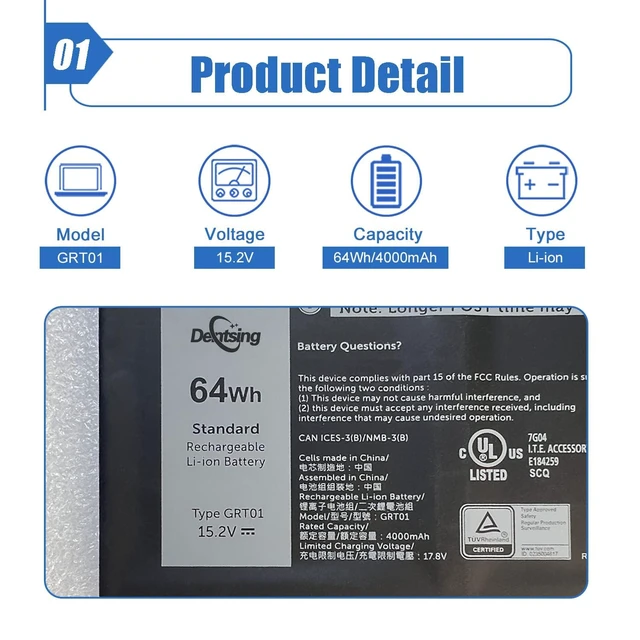 Alt view image 3 of 7 - GRT01 64Wh Laptop Battery Replacement for Dell Latitude 14 5421 5431 15 5521 5531 Precision 3470 3561 3571 Alienware m17 R5 AMD Series R05P0 00P3TJ 0P3TJ VXD57 05RGW 15.2V 4-Cell