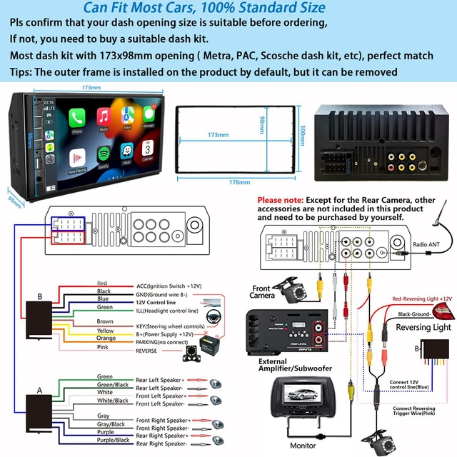 Alt view image 5 of 6 - Double Din Car Stereo with Backup Camera & Dash Cam 7inch Touchscreen Car Audio Receivers Support Apple Carplay & Android Auto, Bluetooth, Mirror Link, SWC, FM/EQ/USB/TF/AUX