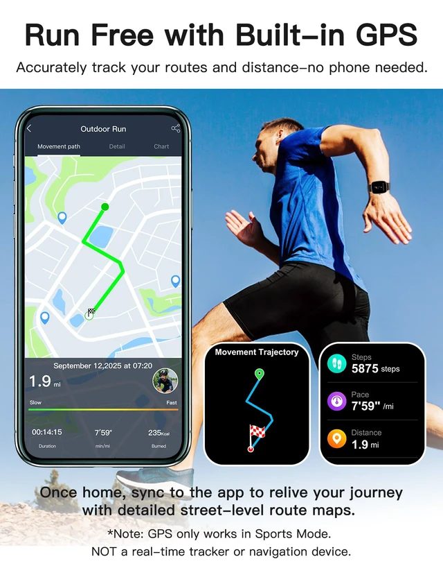Alt view image 2 of 7 - Smart Watch for Men Women with GPS Built-in Answer/Make Call BK/GD 1.95" HD, for iPhone/Android Phones, Fitness Tracker Heart Rate/Sleep Monitor, Step/Calories Counter 100+ Sport, Waterproof