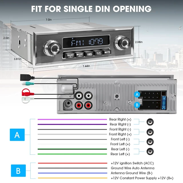 Alt view image 6 of 6 - Bluetooth Retro Radio for Classic Vehicles Single Din Vintage Car Stereo AM FM Tuner USB AUX Input Subwoofer RCA Output
