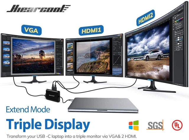Alt view image 3 of 7 - USB C Docking Station, 11-in-1 Dock, HDMI, VGA, Ethernet, Black Triple display via 2 HDMI and VGA; plug-and-play, 100W PD, USB and SD/TF; compatible for HP, Dell and Lenovo USB C laptops