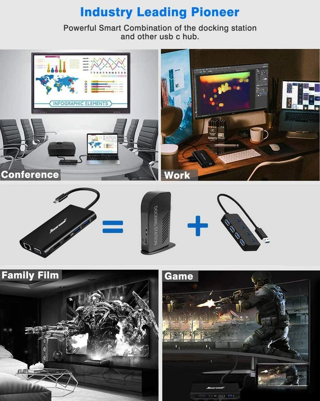 Alt view image 4 of 7 - USB C Docking Station, 11-in-1 Dock, HDMI, VGA, Ethernet, Black Triple display via 2 HDMI and VGA; plug-and-play, 100W PD, USB and SD/TF; compatible for HP, Dell and Lenovo USB C laptops
