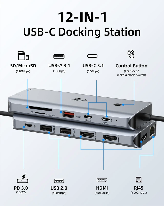 Alt view image 2 of 7 - USB C Docking Station Multiport Adapter with Triple Monitor 3 HDMI 12-IN-1 Laptop Docking Station with 4K@60Hz,Ethernet,10Gbps USB 3.1,PD 100W,Screen On/Off Button for Laptop/Windows/macOS