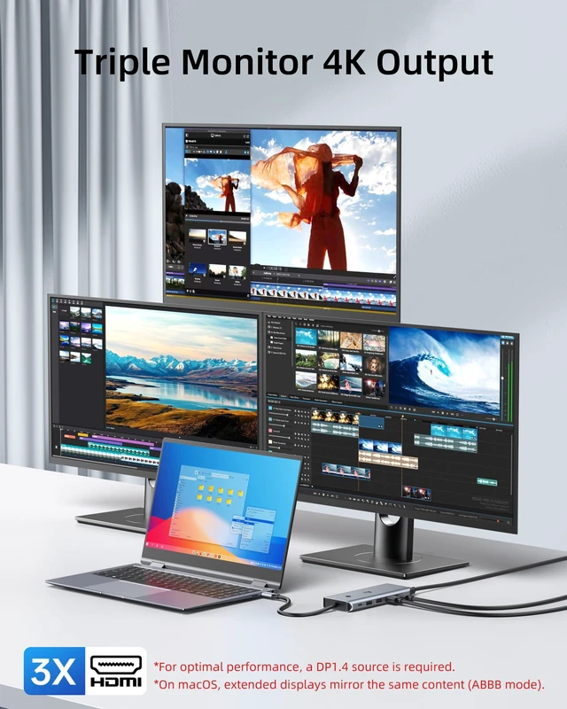 Alt view image 3 of 7 - USB C Docking Station Multiport Adapter with Triple Monitor 3 HDMI 12-IN-1 Laptop Docking Station with 4K@60Hz,Ethernet,10Gbps USB 3.1,PD 100W,Screen On/Off Button for Laptop/Windows/macOS