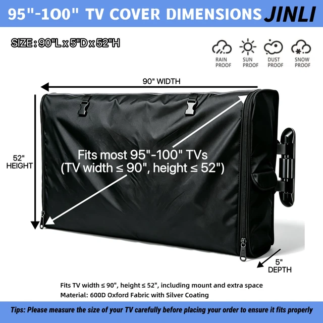 Alt view image 2 of 7 - Outdoor TV Cover 95-100 Inch, 600D Heavy Duty Waterproof Oxford Fabric, Weatherproof Dustproof UV Resistant, with Remote Control Pocket & Waterproof Zipper, Black