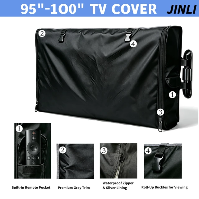 Alt view image 4 of 7 - Outdoor TV Cover 95-100 Inch, 600D Heavy Duty Waterproof Oxford Fabric, Weatherproof Dustproof UV Resistant, with Remote Control Pocket & Waterproof Zipper, Black