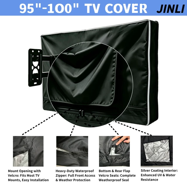 Alt view image 5 of 7 - Outdoor TV Cover 95-100 Inch, 600D Heavy Duty Waterproof Oxford Fabric, Weatherproof Dustproof UV Resistant, with Remote Control Pocket & Waterproof Zipper, Black