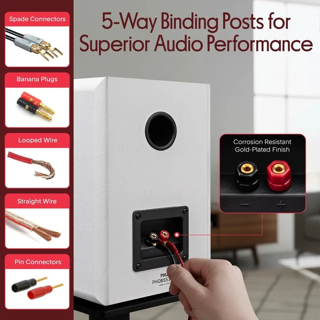 Alt view image 3 of 7 - 5.25 Wired Bookshelf Speakers Pair 2-Way HiFi Home Theater Stereo Speakers with Soft Dome Tweeter, Paper Cone Woofer & Wall Mount Brackets Compact Speaker System, White