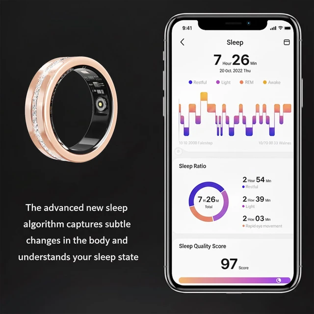 Alt view image 3 of 7 - Smart Ring for Women, Diamond Inspired Design (Gold,10) Sleep Tracker, Health Monitoring, Fitness Tracking, Remote Photography, No Subscription, iOS & Android