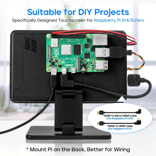 Alt view image 2 of 6 - 7" Touchscreen Monitor, 1024x600 IPS Raspberry Pi Screen, HDMI 5-Point Touch, Dual Speakers, Plug & Play, Pi 5/4/3/Zero, Home Assistant, Gaming, PC Sub-Monitor, 3 Display Modes, with Case