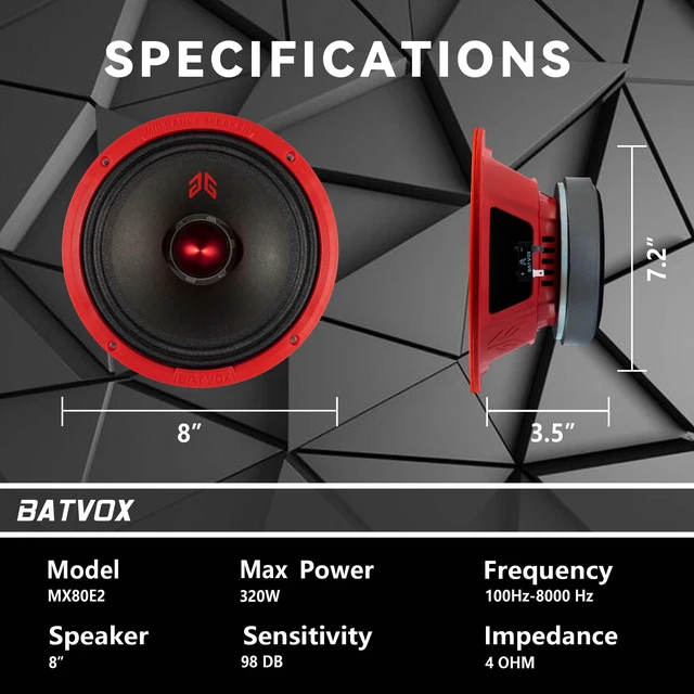 Alt view image 3 of 7 - MX80E2 Loudspeaker 8 Inch Midrange 640 Watts 4 Ohms Red Bullet, Premium Quality Audio Door Speakers for Car or Truck Stereo Sound System, Red (2 Speakers)