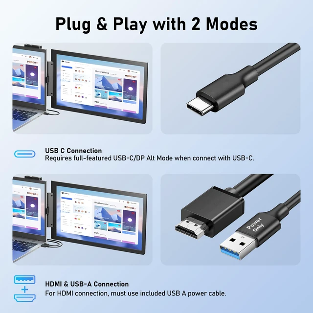 Alt view image 5 of 7 - Laptop Screen Extender, 14" FHD 1080P IPS Laptop Monitor Extender with USB C/HDMI Port, Plug and Play Screen Portable Extended Monitor for 14"-15.6" Laptops