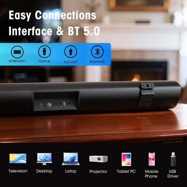 Alt view image 4 of 7 - 80 Watt Soundbar, Sound Bars for TV of Home Theater System (Bluetooth 5.0, 34 inch, DSP, Strong Bass, Wireless Wired Connections, Bass Adjustable, Wall Mountable)