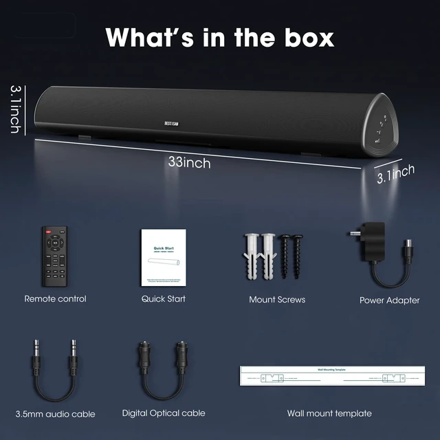 Alt view image 7 of 7 - 80 Watt Soundbar, Sound Bars for TV of Home Theater System (Bluetooth 5.0, 34 inch, DSP, Strong Bass, Wireless Wired Connections, Bass Adjustable, Wall Mountable)