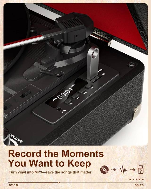 Alt view image 3 of 7 - TANALNIN Vinyl Record Player, 3-Speed Bluetooth Portable Suitcase Turntable with Built-in Speakers, USB Recording, RCA Output, AUX Input/Output, Vintage Vinyl Player for Home, Bedroom or Gifting,Black