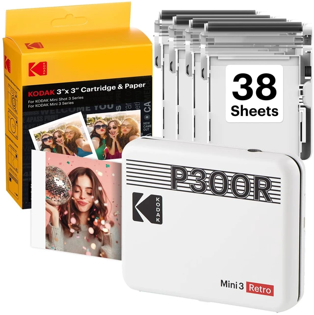 Main image of Mini 3 Retro 3x3 Portable Photo Printer, 4PASS, 38 Sheets, White Bluetooth, iPhone & Android Smartphone Compatible, Smudge-Proof, Water-Resistant, Fade-Resistant