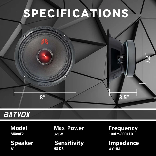 Alt view image 3 of 7 - MX80E2 Loudspeaker 8 Inch Midrange 640 Watts 4 Ohms Red Bullet, Premium Quality Audio Door Speakers for Car or Truck Stereo Sound System, Black (2 Speakers)