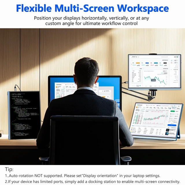 Alt view image 2 of 7 - 16" Portable Monitor with Built-in Stand, IPS Vertical Monitor, USB-C & Mini HDMI External Laptop Screen, Second Display for PC, MacBook, iPad, Phone, Travel & Office