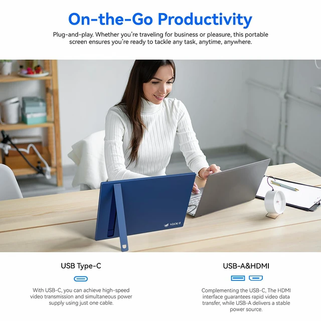 Alt view image 7 of 7 - 16" Portable Monitor with Built-in Stand, IPS Vertical Monitor, USB-C & Mini HDMI External Laptop Screen, Second Display for PC, MacBook, iPad, Phone, Travel & Office