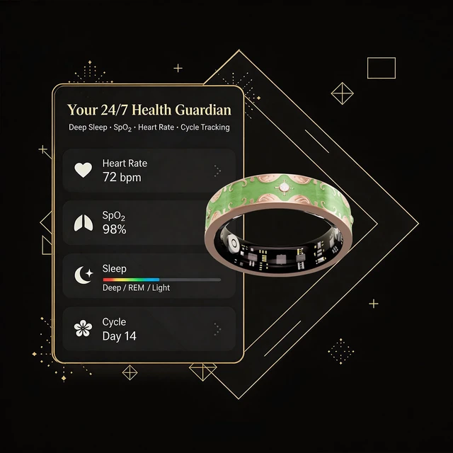 Alt view image 5 of 7 - Smart Ring for Women, Baroque Inspired Design (Green,8) Sleep Tracker, Health Monitoring, Fitness Tracking, Remote Photography, No Subscription, iOS & Android