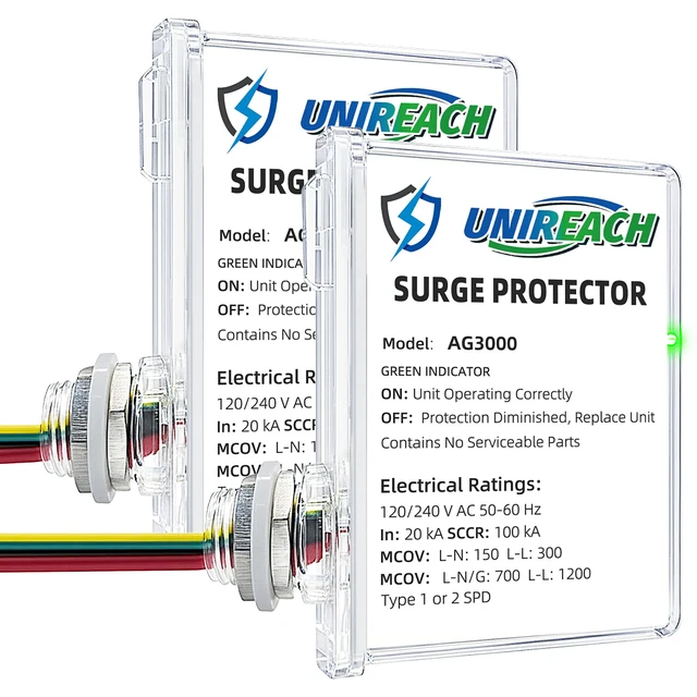 Main image of AG3000 HVAC Surge Protector, 120/240V AC, TPMOV Whole House Protection Protects HVAC and home appliances with TPMOV surge protection, LED status indicator, and durable indoor/outdoor housing