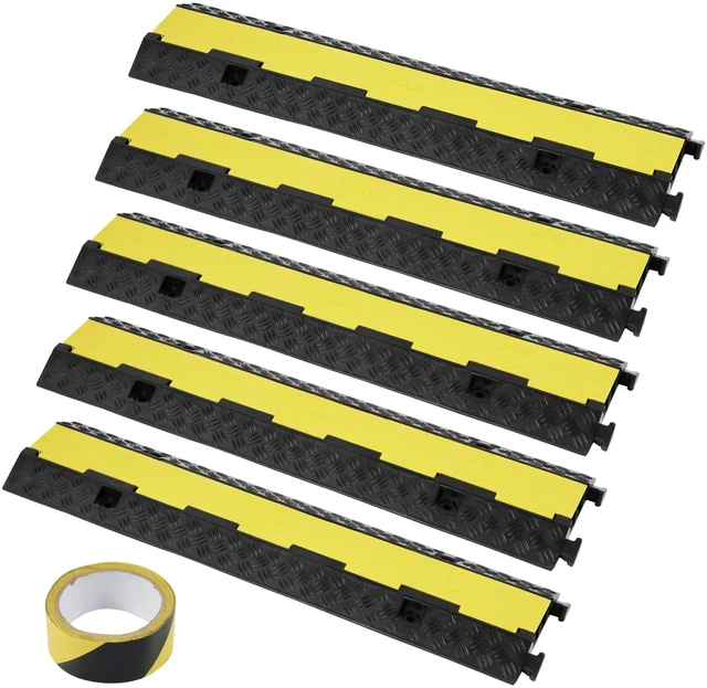Main image of 5 Pack Rubber Cable Protector Ramp 2 Channel 12000 lbs/Axle Capacity Hose Wire Cover Ramp Driveway, Heavy Duty Traffic Speed Bump, with Flip-Open Top Cover & Warning Tape, for Indoor Outdoor