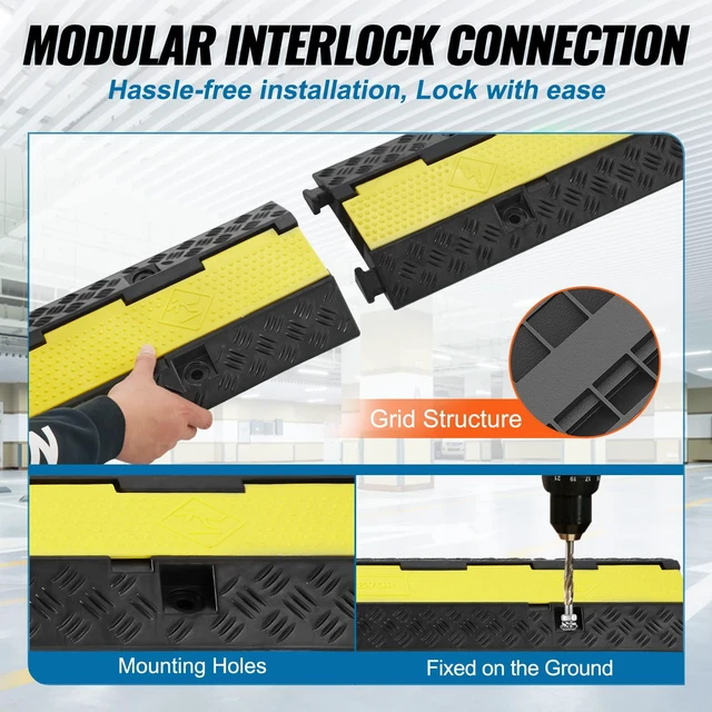 Alt view image 6 of 7 - 5 Pack Rubber Cable Protector Ramp 2 Channel 12000 lbs/Axle Capacity Hose Wire Cover Ramp Driveway, Heavy Duty Traffic Speed Bump, with Flip-Open Top Cover & Warning Tape, for Indoor Outdoor
