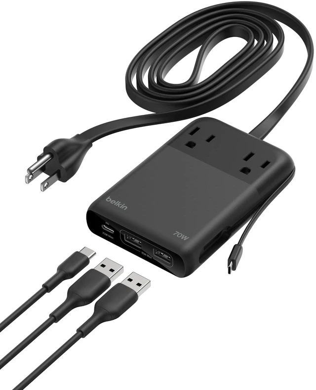 Main image of Charging Station Power Strip Dual USB-C Charger 2 AC 2 USB-A 70W GaN Integrated USB-C cable, travel-friendly design, compact GaN charger, iPhone, Apple Watch, iPad, MacBook, Chromebook