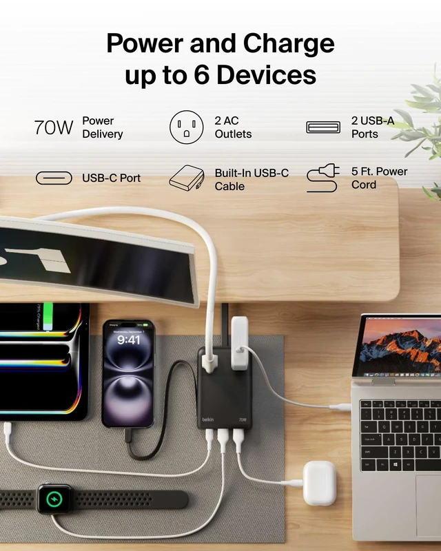 Alt view image 2 of 7 - Charging Station Power Strip Dual USB-C Charger 2 AC 2 USB-A 70W GaN Integrated USB-C cable, travel-friendly design, compact GaN charger, iPhone, Apple Watch, iPad, MacBook, Chromebook